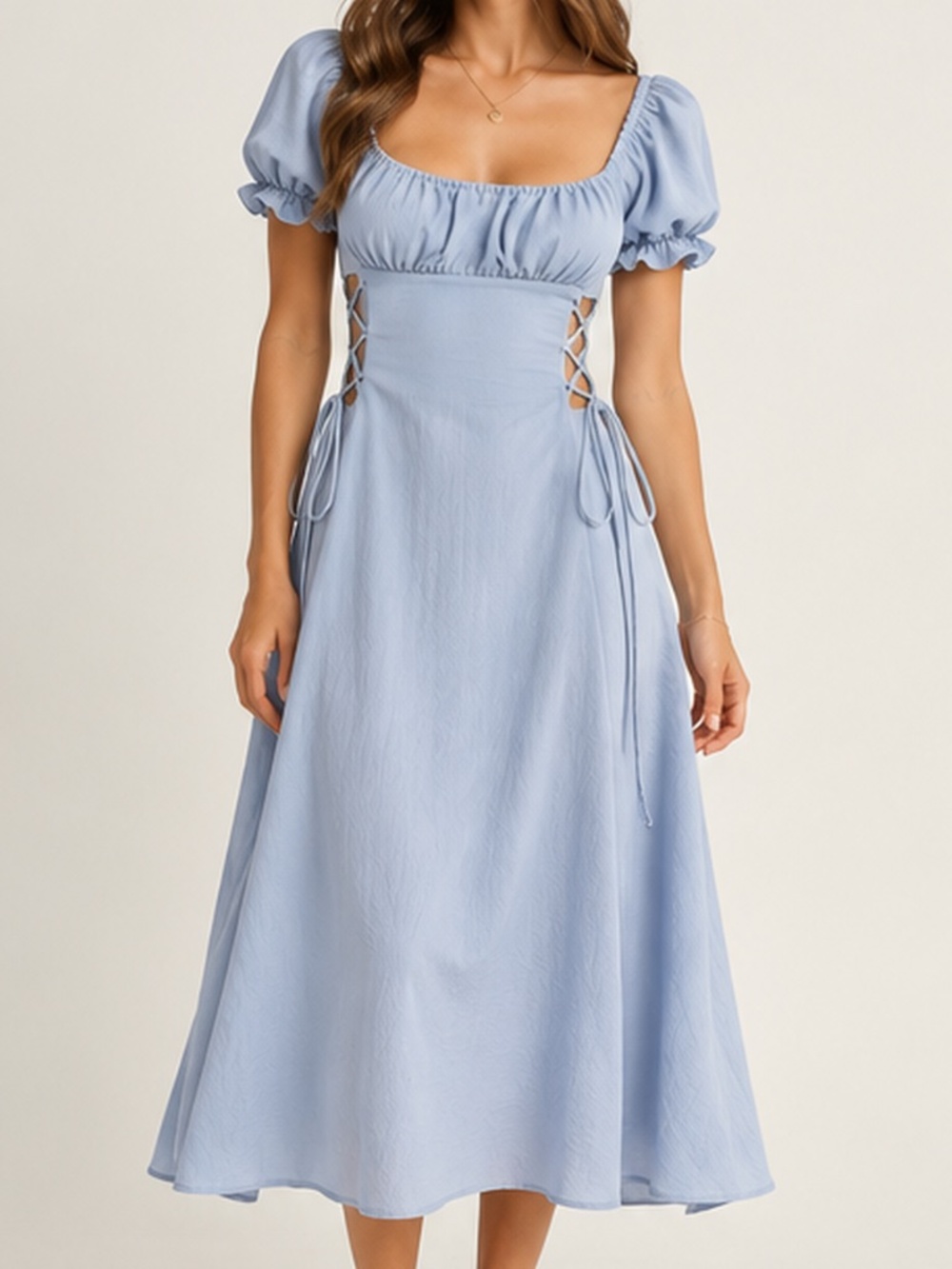 Light Blue Puff Sleeve Lace-Up Midi Dress